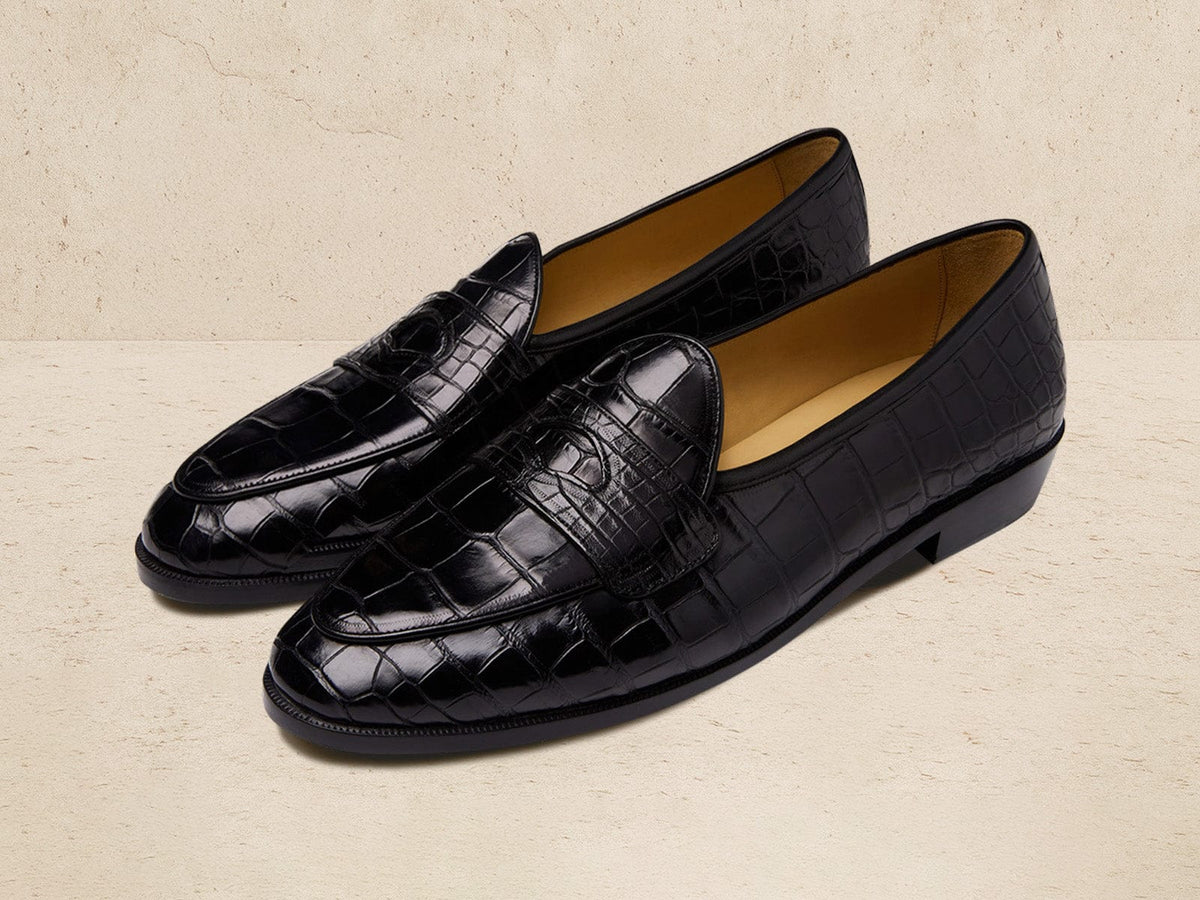 Sagan Ginkgo Precious Leather Loafers in Obsidian Black Crocodile