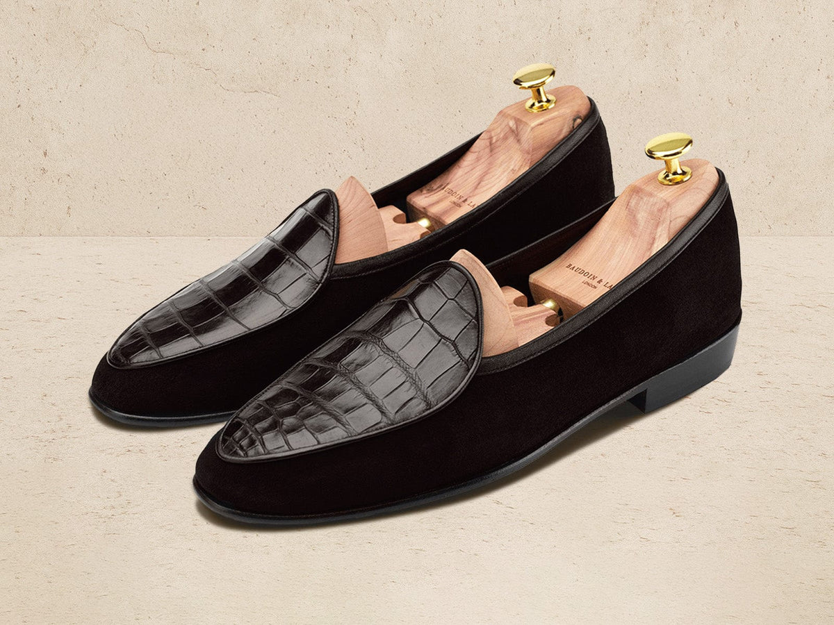 Sagan Classic Precious Leather Loafers in Dark Brown Suede and Crocodile