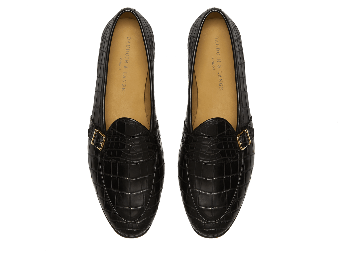 Sagan Buckle Precious Leather Loafers in Obsidian Black Crocodile